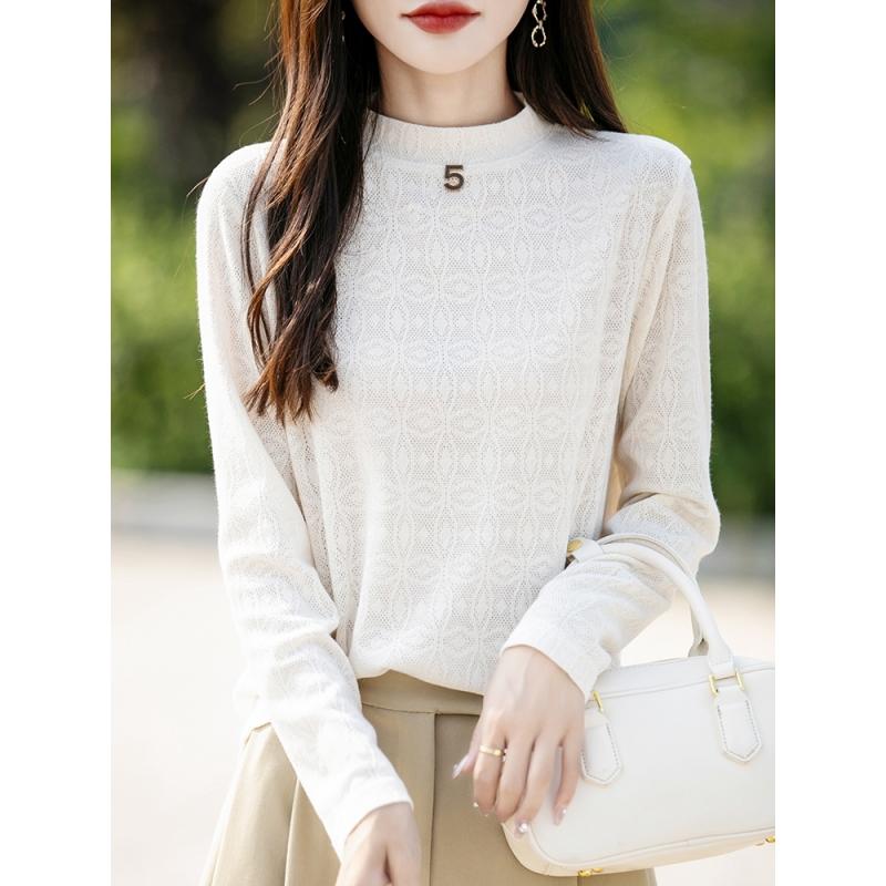 春 コーデ レディース ファッション オシャレ カワイイ シンプル きれいめ ナチュラル 上品カジュアル 婦人服 ジャカード クラフト 長袖 インナー レイヤリング シャツ カジュアル スリム トップス