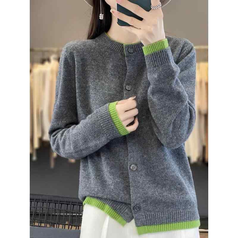 Rakuten - 春 コーデ レディース ファッション オシャレ カワイイ シンプル きれいめ ナチュラル 上品カジュアル 婦人服 ラウンドネック カラー ブロック ウールカーディガン ジャケット カジュアル アウター ニット セーター