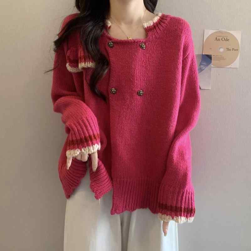 春 コーデ レディース ファッション オシャレ カワイイ シンプル きれいめ ナチュラル 上品カジュアル 婦人服 ローズレッド セーター ジャケット 長袖 ニット カーディガン スリム トップス