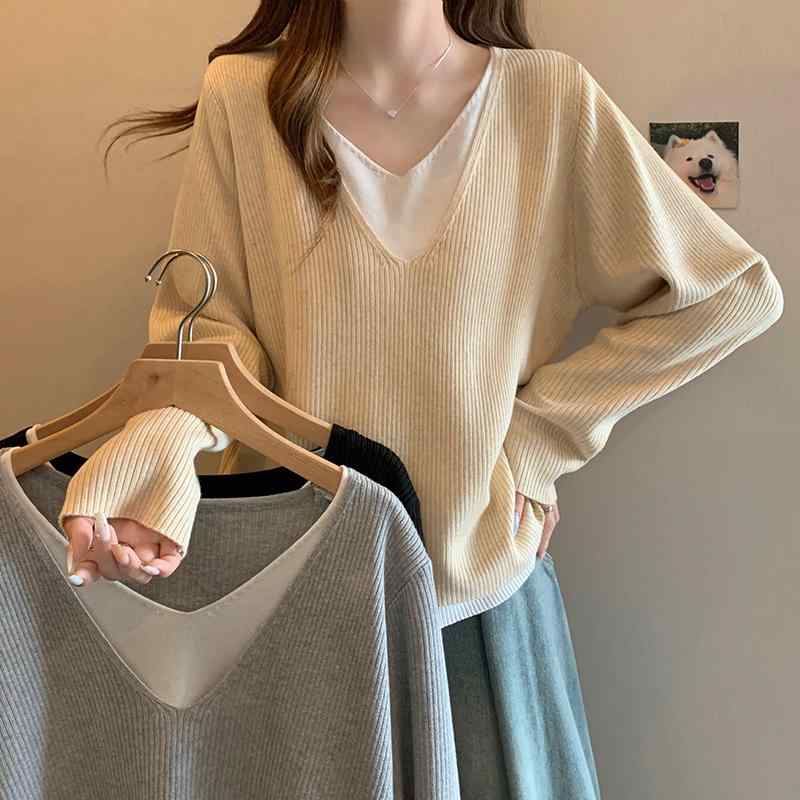 春 コーデ レディース ファッション オシャレ カワイイ シンプル きれいめ ナチュラル 上品カジュアル 婦人服 フェイク ツーピース セーター スリム 長袖 トップス Vネック シャツ