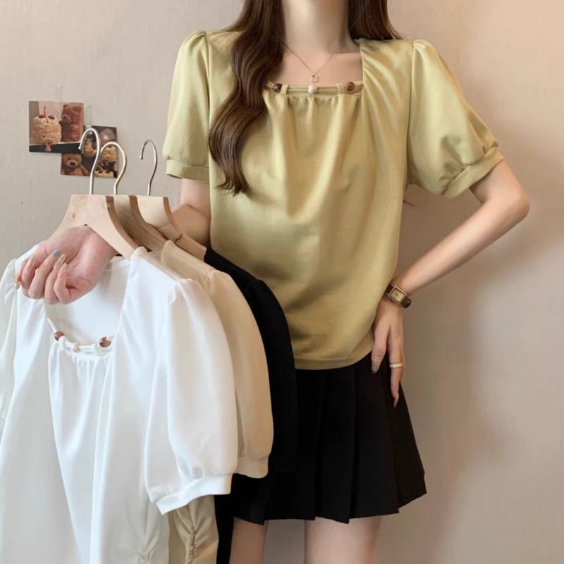 春 コーデ レディース ファッション オシャレ カワイイ シンプル きれいめ ナチュラル 上品カジュアル 婦人服 大きいサイズ フレンチ クラシック スクエアネック ビーズ 半袖 Tシャツ 夏 スリム プリーツ スリムトップス