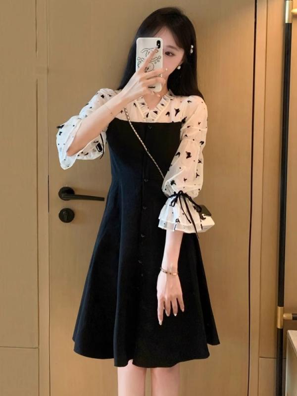 春 コーデ レディース ファッション オシャレ カワイイ シンプル きれいめ ナチュラル 上品カジュアル 婦人服 黒 長袖 ドレス 大きいサイズ ハイエンド ウエスト スリム Aライン スカート