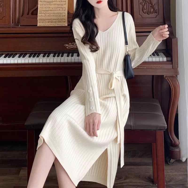 春 コーデ レディース ファッション オシャレ カワイイ シンプル きれいめ ナチュラル 上品カジュアル 婦人服 Vネック ピット ストライプ セーター ドレス ウエスト スリム コート ベース ニット