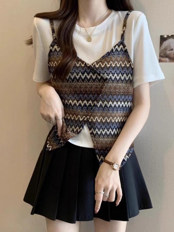 春 コーデ レディース ファッション オシャレ カワイイ シンプル きれいめ ナチュラル 上品カジュアル 婦人服 クラシック フェイク ツーピース セーター スリミング 半袖 トップス