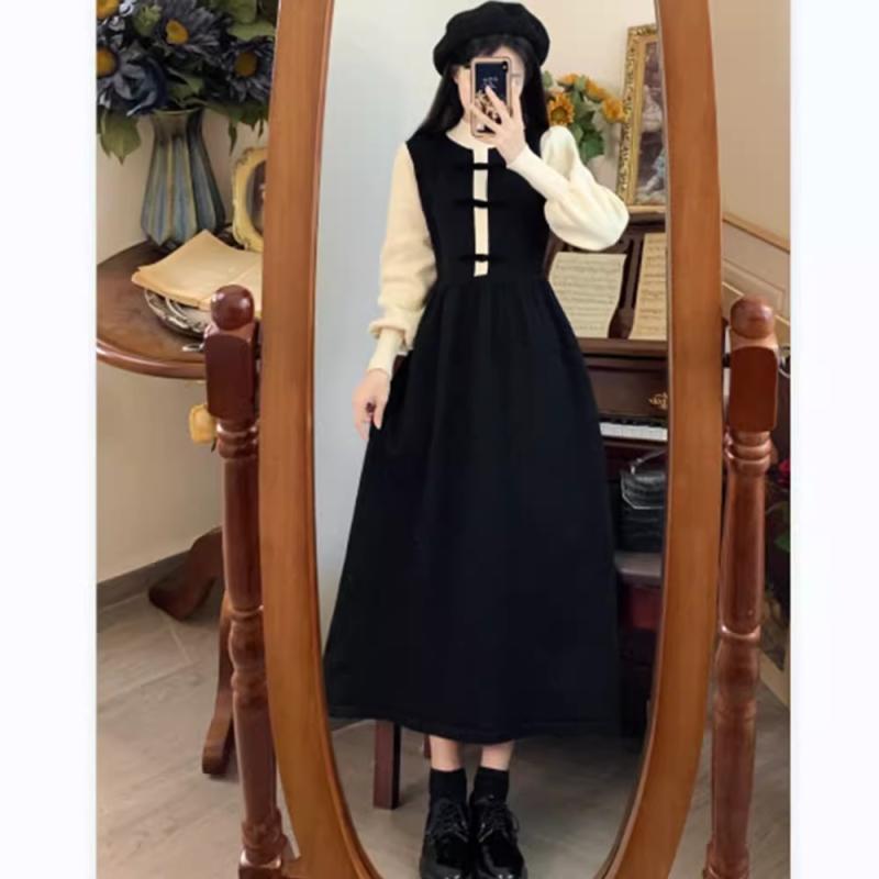 春 コーデ レディース ファッション オシャレ カワイイ シンプル きれいめ ナチュラル 上品カジュアル 婦人服 大きいサイズ フェイク ツーピース セーター ドレス ニット ウエスト スリム 黒 ロング スカート