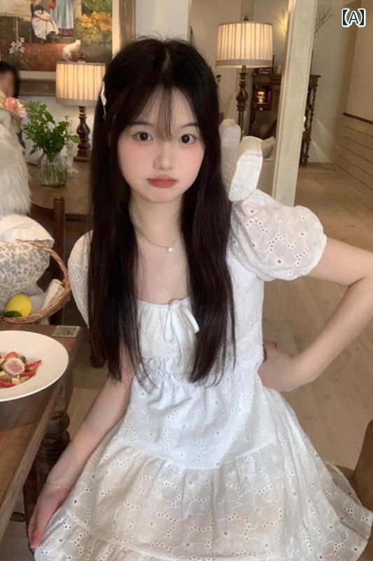 春 コーデ レディース ファッション オシャレ カワイイ シンプル きれいめ ナチュラル 上品カジュアル 婦人服 フレンチ 白 スクエアネック ドレス 夏 フェアリー パフスリーブ スリム Aライン スカート