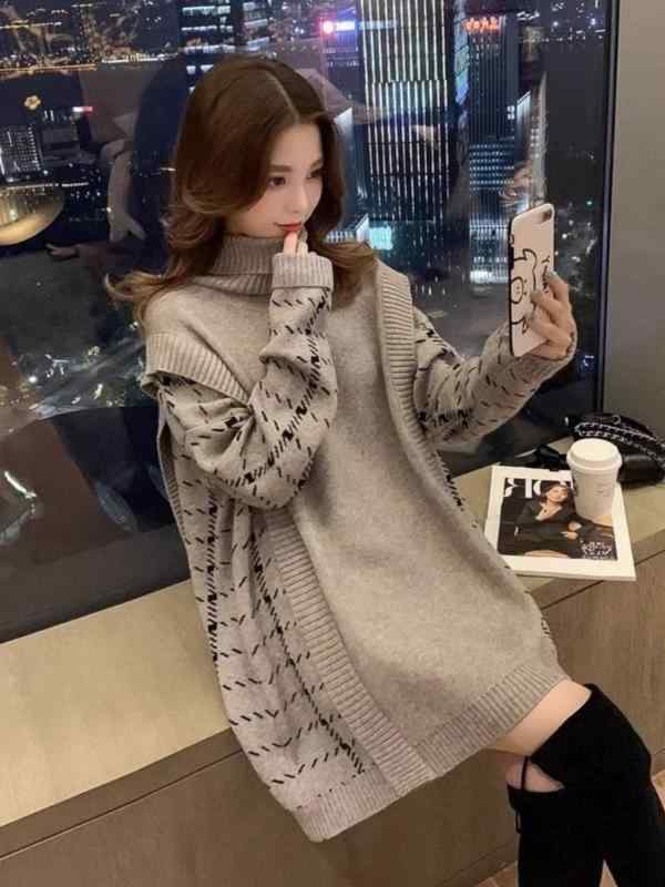 春 コーデ レディース ファッション オシャレ カワイイ シンプル きれいめ ナチュラル 上品カジュアル 婦人服 フェイク ツーピース セーター シャツ スリム ミドル丈 ニット ドレス