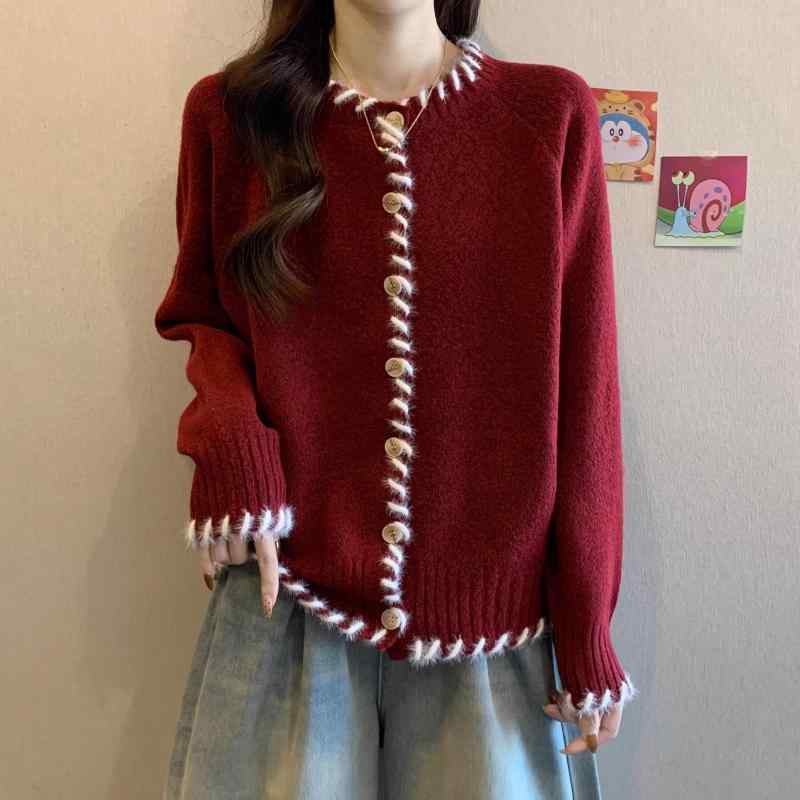 春 コーデ レディース ファッション オシャレ カワイイ シンプル きれいめ ナチュラル 上品カジュアル 婦人服 赤 ニット カーディガン セーター ジャケット スリムトップス