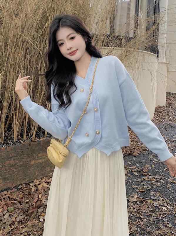 春 コーデ レディース ファッション オシャレ カワイイ シンプル きれいめ ナチュラル 上品カジュアル 婦人服 フレンチ ニット カーディガン スリム ソフト セーター スカート ツーピース スーツ