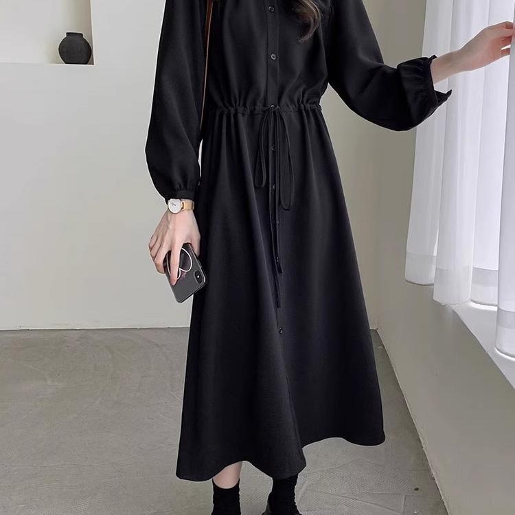 春 コーデ レディース ファッション オシャレ カワイイ シンプル きれいめ ナチュラル 上品カジュアル 婦人服 大きいサイズ フレンチ ブラック 長袖 ドレス ウエスト スリム シャツ