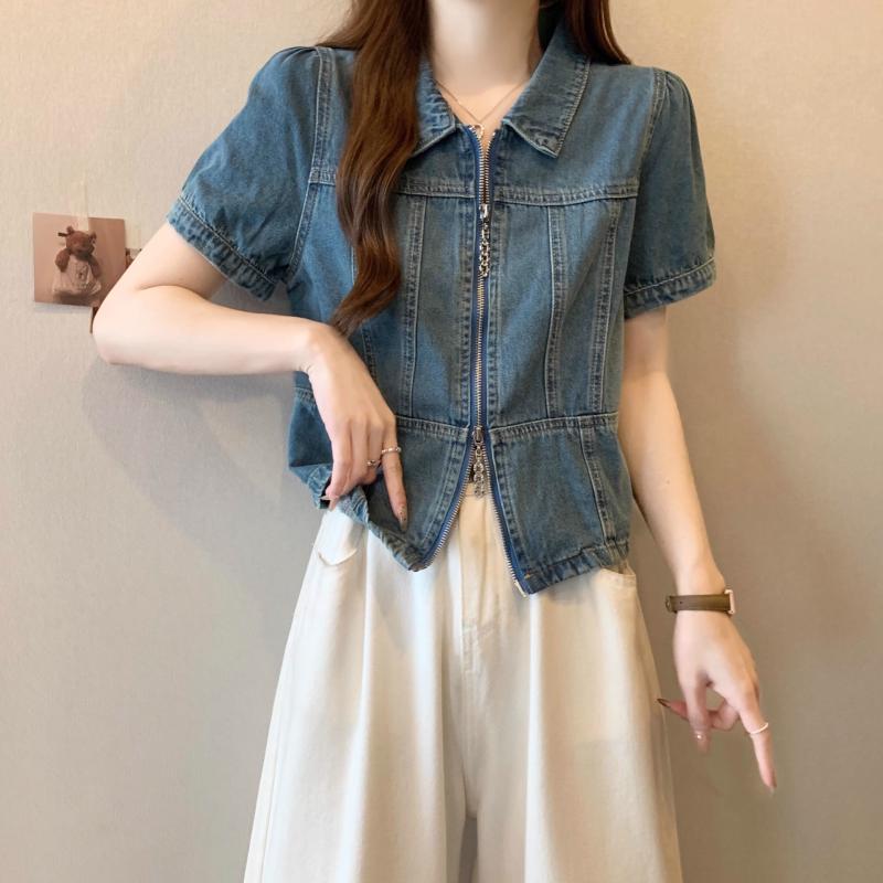 Rakuten - 春 コーデ レディース ファッション オシャレ カワイイ シンプル きれいめ ナチュラル 上品カジュアル 婦人服 半袖 デニムシャツ 夏 スリム ダブル ジッパー トップス