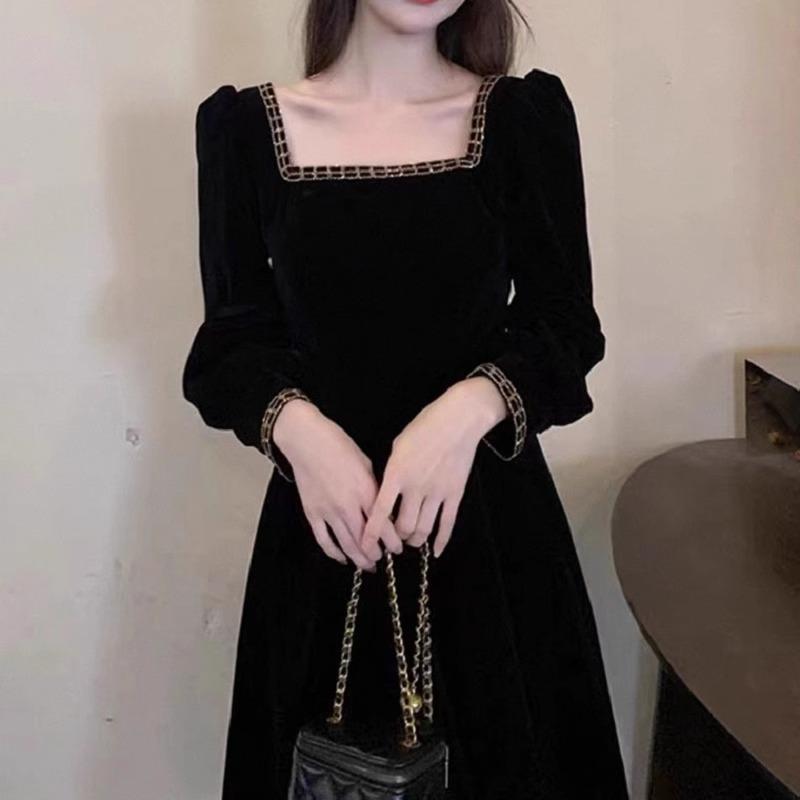Rakuten - 春 コーデ レディース ファッション オシャレ カワイイ シンプル きれいめ ナチュラル 上品カジュアル 婦人服 黒 ベルベット 長袖 ドレス フレンチ スリム スクエア カラー ブラック