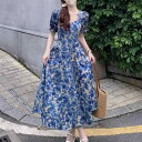 春 コーデ レディース ファッション オシャレ カワイイ シンプル きれいめ ナチュラル 上品カジュアル 婦人服 フレンチ風ブルー 花柄 ドレス 夏 ハイエンド ウエスト スリム シフォン ロング スカート