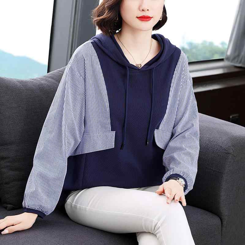 春 コーデ レディース ファッション オシャレ カワイイ シンプル きれいめ ナチュラル 上品カジュアル 婦人服 カジュアル スウェットシャツ クラシック フード付き ストライプ トップス