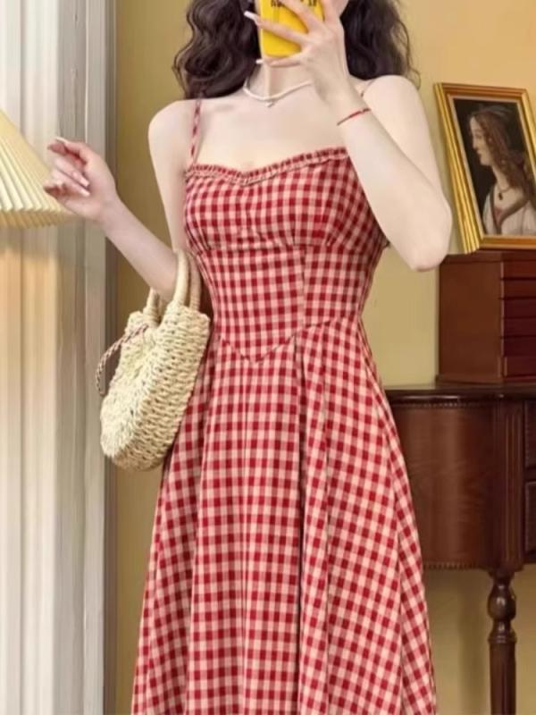 Other - 春 コーデ レディース ファッション オシャレ カワイイ シンプル きれいめ ナチュラル 上品カジュアル 婦人服 フレンチ チェック柄 ワンピース ドレス 夏 クラシック ティーブレイク ロング