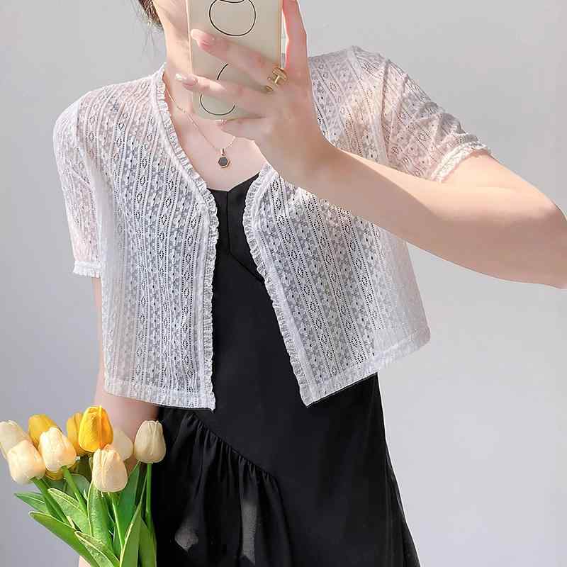 春 コーデ レディース ファッション オシャレ カワイイ シンプル きれいめ ナチュラル 上品カジュアル 婦人服 レース 日焼け防止 カーディガン 夏 スカート ストール ブラウス トップス