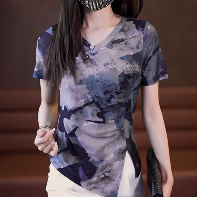春 コーデ レディース ファッション オシャレ カワイイ シンプル きれいめ ナチュラル 上品カジュアル 婦人服 クラシック プリント ミッド スリーブ Tシャツ スリムフィット ウエスタンスタイル 快適 トップス メッシュシャツ 夏