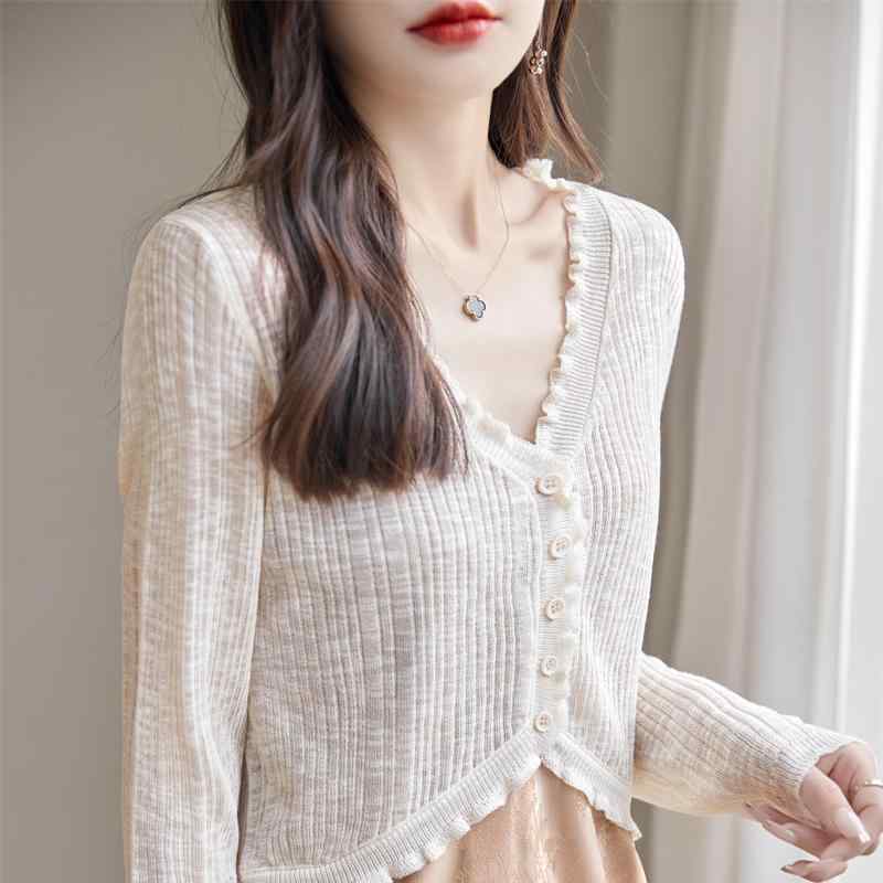 春 コーデ レディース ファッション オシャレ カワイイ シンプル きれいめ ナチュラル 上品カジュアル 婦人服 夏 日焼け防止 カーディガン 薄手 フリル アウター ニット ストール ジャケット