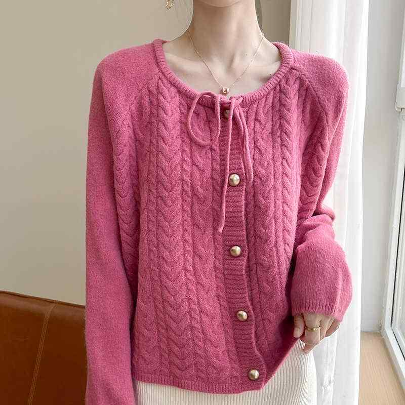 春 コーデ レディース ファッション オシャレ カワイイ シンプル きれいめ ナチュラル 上品カジュアル 婦人服 クラシック レースアップ ツイスト ニット カーディガン スイート 防寒 スリム セーター ジャケット