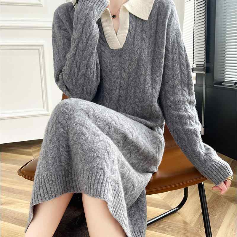 春 コーデ レディース ファッション オシャレ カワイイ シンプル きれいめ ナチュラル 上品カジュアル 婦人服 ウール スカート ツイスト セーター ミドル丈 オーバー
