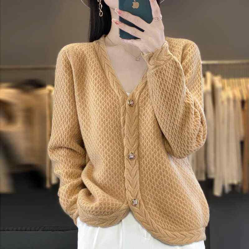 春 コーデ レディース ファッション オシャレ カワイイ シンプル きれいめ ナチュラル 上品カジュアル 婦人服 Vネック ウールカーディガン 菱形 ジャカード セーター ジャケット セーター アウターウェア