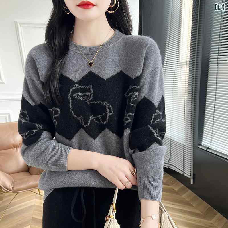 春 コーデ レディース ファッション オシャレ カワイイ シンプル きれいめ ナチュラル 上品カジュアル 婦人服 ジャカード ウール セーター ラウンドネック プルオーバー カラー ブロック ニット シャツ トップス