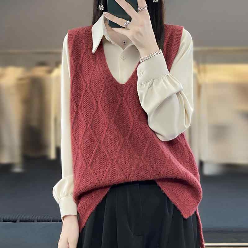 Rakuten - 春 コーデ レディース ファッション オシャレ カワイイ シンプル きれいめ ナチュラル 上品カジュアル 婦人服 ウール ニット ベスト チョッキ Vネックノースリーブ セーター
