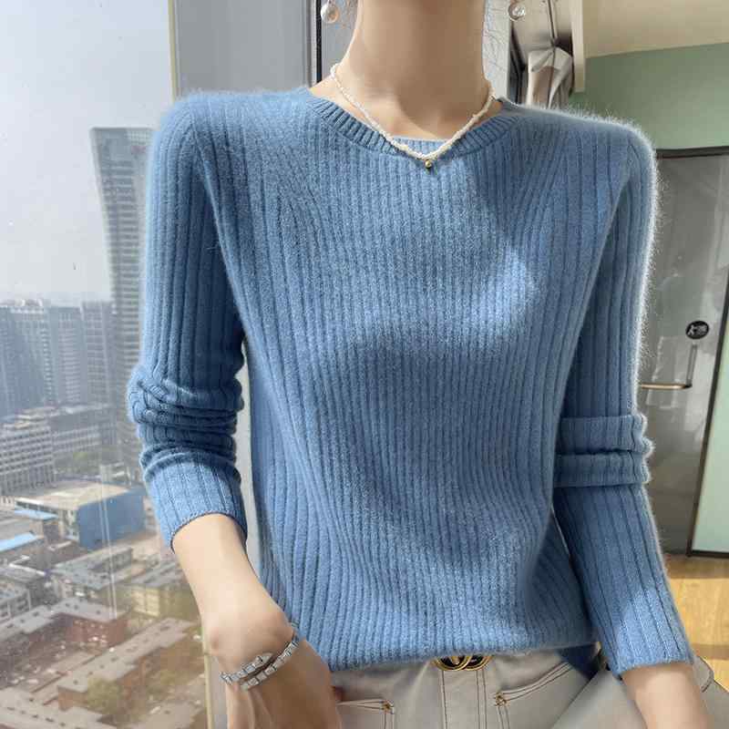 Three-Quarter Knit - 春 コーデ レディース ファッション オシャレ カワイイ シンプル きれいめ ナチュラル 上品カジュアル 婦人服 ソフト セーター ベース レイヤー ラウンドネック ストライプ スリム ウール プルオーバー