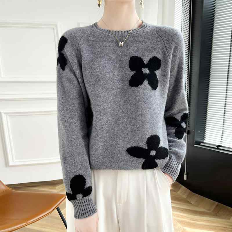 春 コーデ レディース ファッション オシャレ カワイイ シンプル きれいめ ナチュラル 上品カジュアル 婦人服 ジャカード プルオーバー セーター ウール ラグランスリーブ ニット レイヤリング シャツ(4.0)