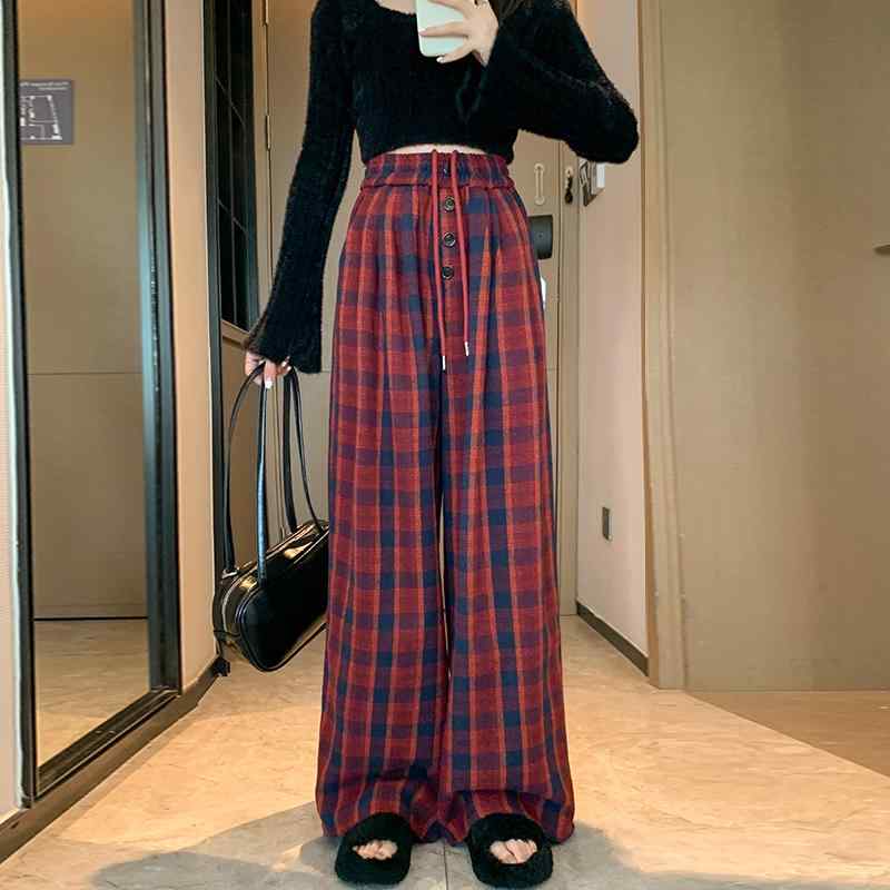 春 コーデ レディース ファッション オシャレ カワイイ シンプル きれいめ ナチュラル 上品カジュアル 婦人服 ハイエンド カジュアル スポーツ パンツ 赤 クラシック チェック柄 ワイドレッグ(4)