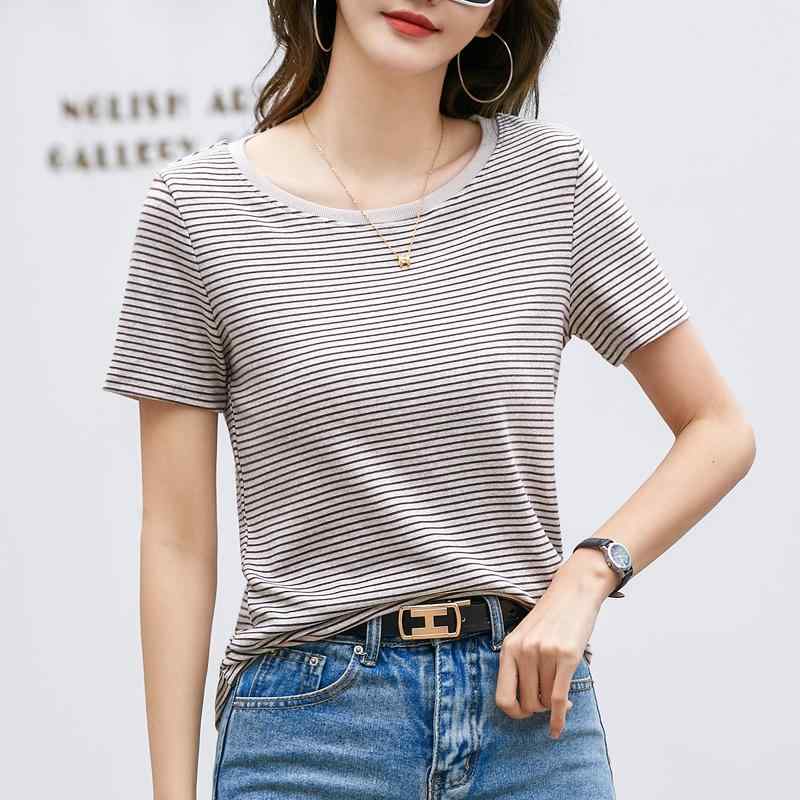 乐天商城 - 春 コーデ レディース ファッション オシャレ カワイイ シンプル きれいめ ナチュラル 上品カジュアル 婦人服 夏 ストライプ 半袖 トップス ハイエンド スリム コットン Tシャツ