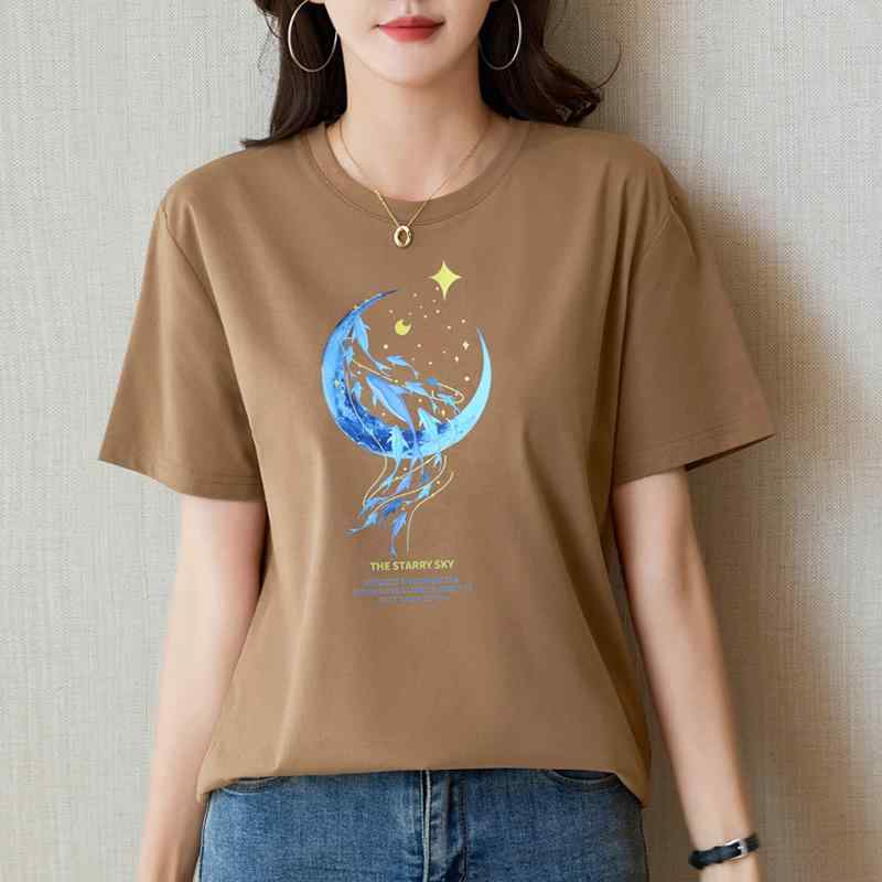 春 コーデ レディース ファッション オシャレ カワイイ シンプル きれいめ ナチュラル 上品カジュアル 婦人服 ラウンドネック プリント 半袖 Tシャツ 夏 コットン シンプル カジュアル