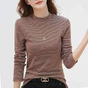 秋 女性用 黒 白 ストライプ レイヤリング シャツ ハーフ タートルネック 長袖 T シャツ中 襟 綿 インナー レイヤー トップス