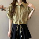 春 コーデ レディース ファッション オシャレ カワイイ シンプル きれいめ ナチュラル 上品カジュアル 婦人服 アメリカン ワークウェア レースアップ トップス 夏 薄手 大きいサイズ スリム 半袖 シャツ