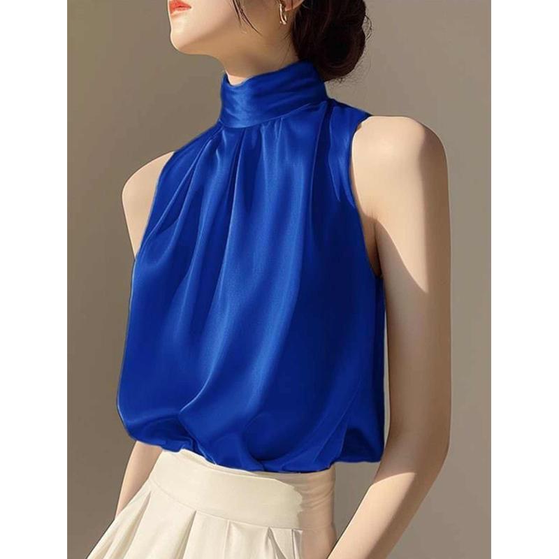 春 コーデ レディース ファッション オシャレ カワイイ シンプル きれいめ ナチュラル 上品カジュアル 婦人服 アウターウェア スリムトップス フレンチ ハイエンド サテン ホルターネック シャツ ノースリーブ