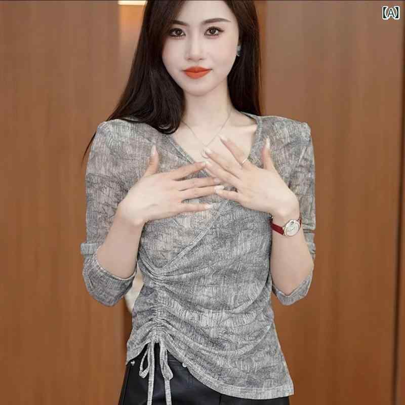 春 コーデ レディース ファッション オシャレ カワイイ シンプル きれいめ ナチュラル 上品カジュアル 婦人服 ハイエンド Tシャツ クロス ウエスト スリム ドローストリング スリムフィット トップス