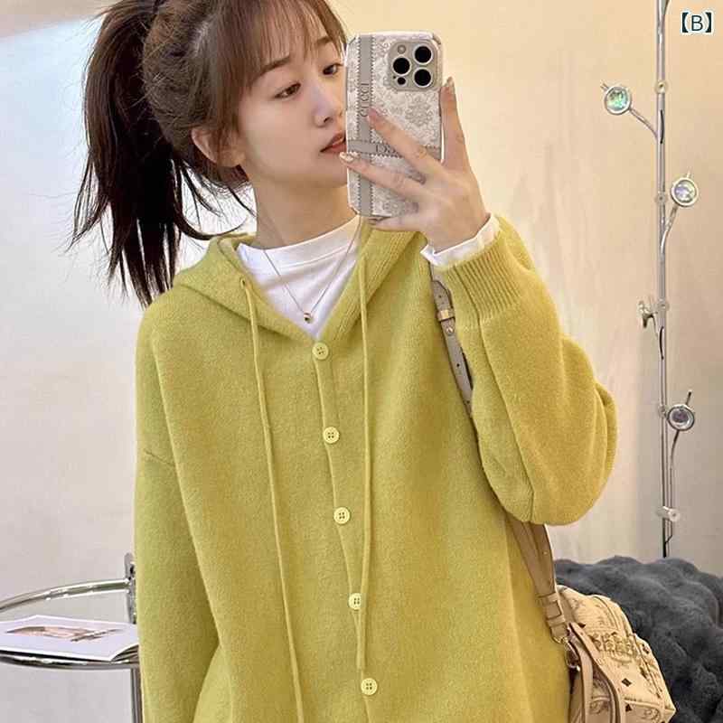 春 コーデ レディース ファッション オシャレ カワイイ シンプル きれいめ ナチュラル 上品カジュアル 婦人服 シンプル フード付き ニット カーディガン セーター ジャケット 無地 トップス
