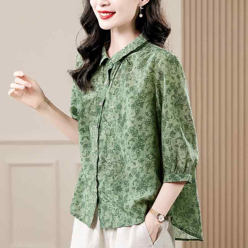 春 コーデ レディース ファッション オシャレ カワイイ シンプル きれいめ ナチュラル 上品カジュアル 婦人服 クラシック ジャカード テンセル トップス 夏服 花柄 リネンシャツ