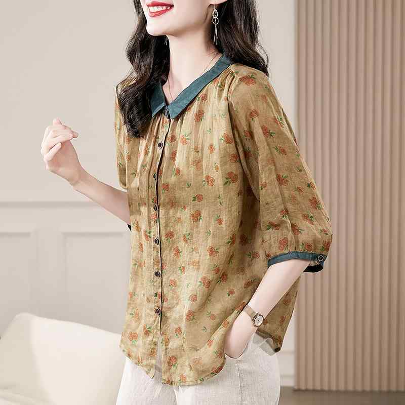 春 コーデ レディース ファッション オシャレ カワイイ シンプル きれいめ ナチュラル 上品カジュアル 婦人服 大きいサイズ 花柄 トップス 夏 薄手 クラシック 七分袖 シャツ