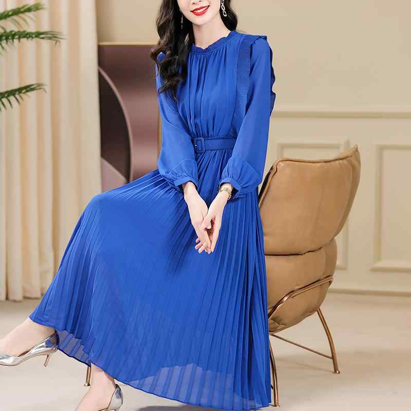 春 コーデ レディース ファッション オシャレ カワイイ シンプル きれいめ ナチュラル 上品カジュアル 婦人服 ハイエンド フレンチ風ブルー ドレス 長袖 スカート
