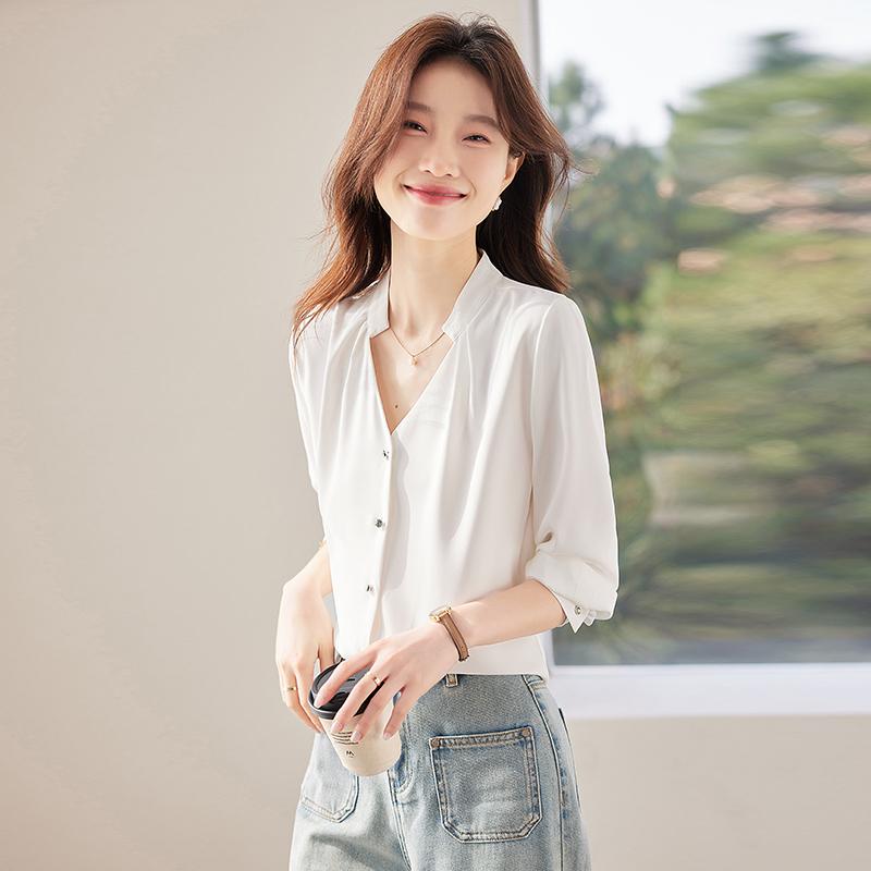 Other - 春 コーデ レディース ファッション オシャレ カワイイ シンプル きれいめ ナチュラル 上品カジュアル 婦人服 ホワイト Vネック シャツ 面接ウェア フォーマルウェア トップス 長袖