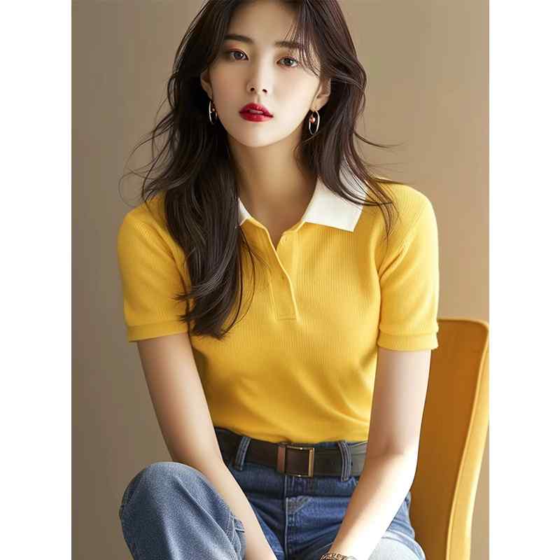 春 コーデ レディース ファッション オシャレ カワイイ シンプル きれいめ ナチュラル 上品カジュアル 婦人服 黄色 ポロカラー ニット 半袖 Tシャツ シック スリムフィット トップス