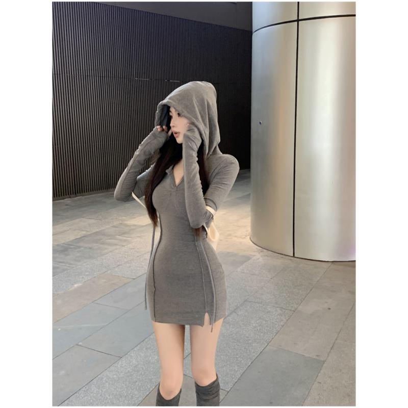 春 コーデ レディース ファッション オシャレ カワイイ シンプル きれいめ ナチュラル 上品カジュアル 婦人服 フード付き 無地 長袖 ウエスト ニット ドレス カジュアル カバー スカート