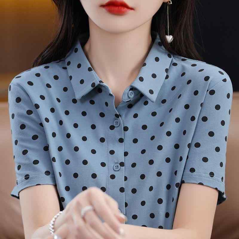 春 コーデ レディース ファッション オシャレ カワイイ シンプル きれいめ ナチュラル 上品カジュアル 婦人服 夏 ポロ襟 ハイエンド シャツ 半袖 水玉 シフォン