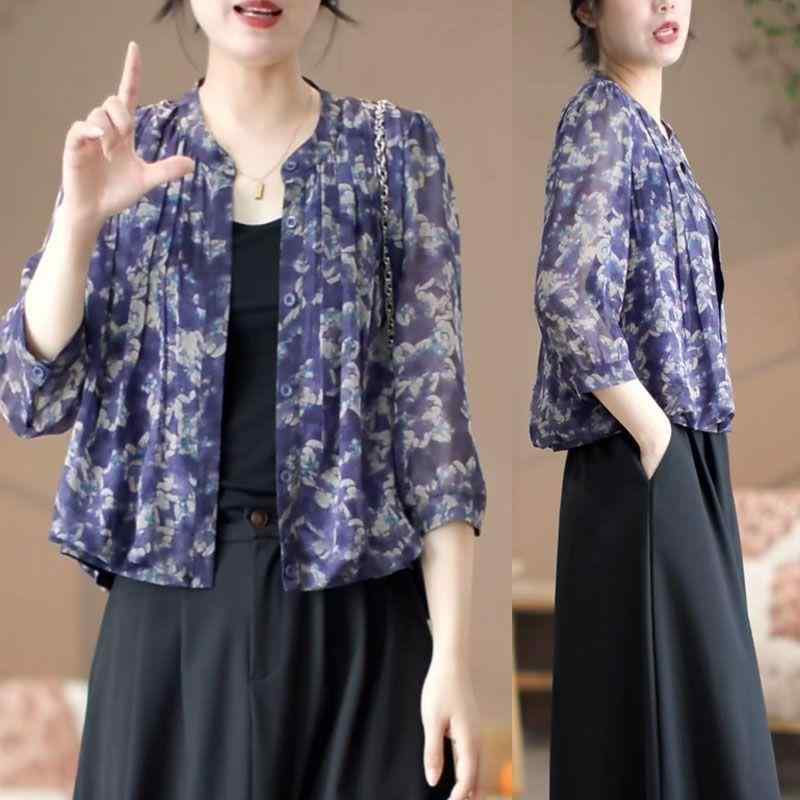 春 コーデ レディース ファッション オシャレ カワイイ シンプル きれいめ ナチュラル 上品カジュアル 婦人服 プリント ジャケット 日焼け防止 夏 七分袖 花柄 シャツ ゆったり スリム トップス