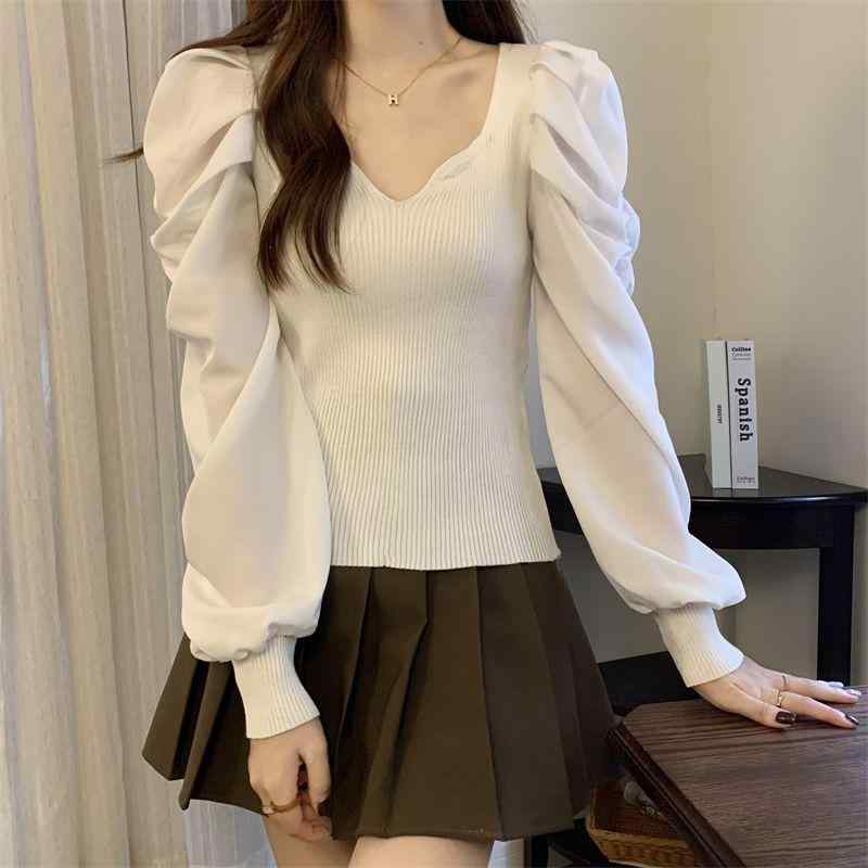 Square Neck - 春 コーデ レディース ファッション オシャレ カワイイ シンプル きれいめ ナチュラル 上品カジュアル 婦人服 クラシック 長袖 シャツ フェミニン スクエアネック スリム ニット セーター トップス