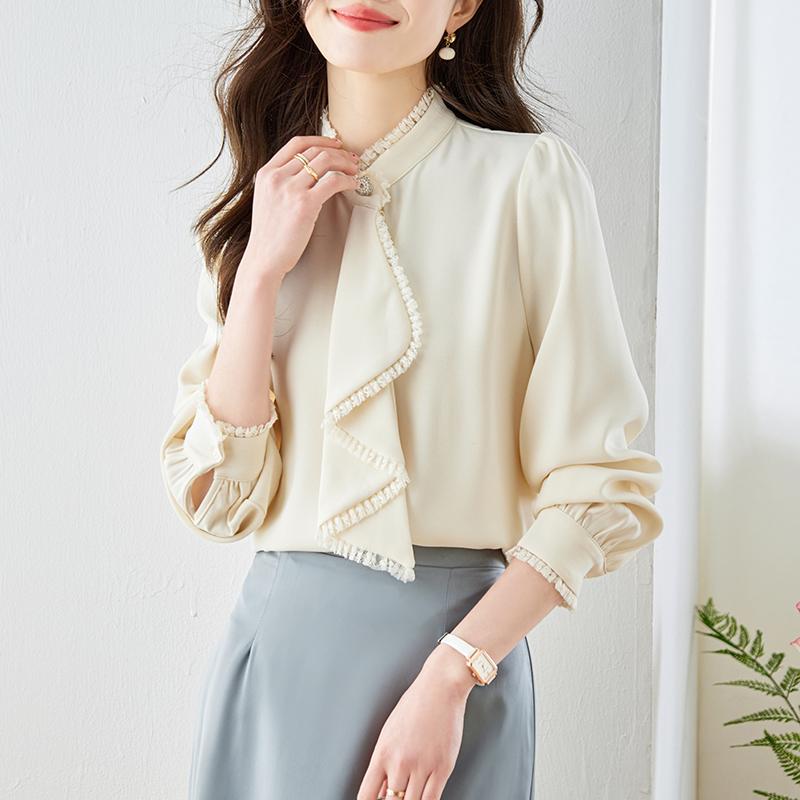 春 コーデ レディース ファッション オシャレ カワイイ シンプル きれいめ ナチュラル 上品カジュアル 婦人服 フレンチ ハイエンド シャツ フリルシャツ スリム スタンドカラー シフォンシャツ