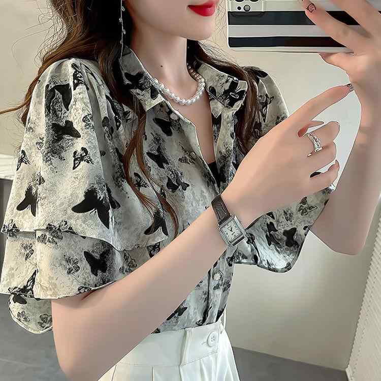 春 コーデ レディース ファッション オシャレ カワイイ シンプル きれいめ ナチュラル 上品カジュアル 婦人服 プリント シャツ 夏 半袖 ハイエンド フリル トップス
