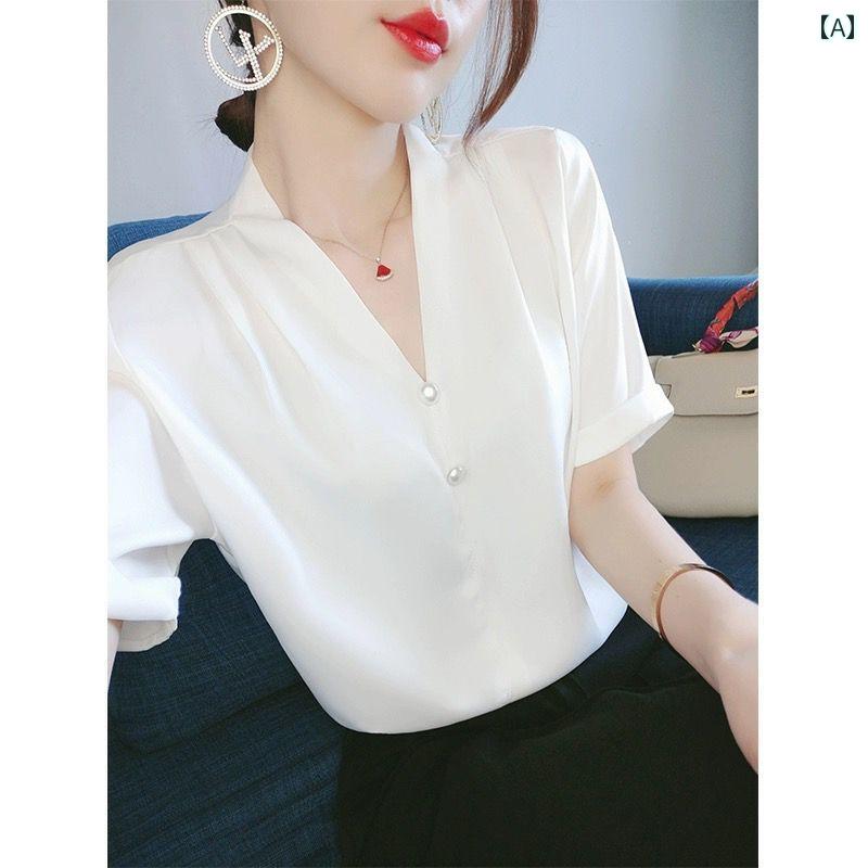 春 コーデ レディース ファッション オシャレ カワイイ シンプル きれいめ ナチュラル 上品カジュアル 婦人服 フレンチ Vネック 半袖 白 シャツ 夏 ビーズ ハイエンド シック トップス