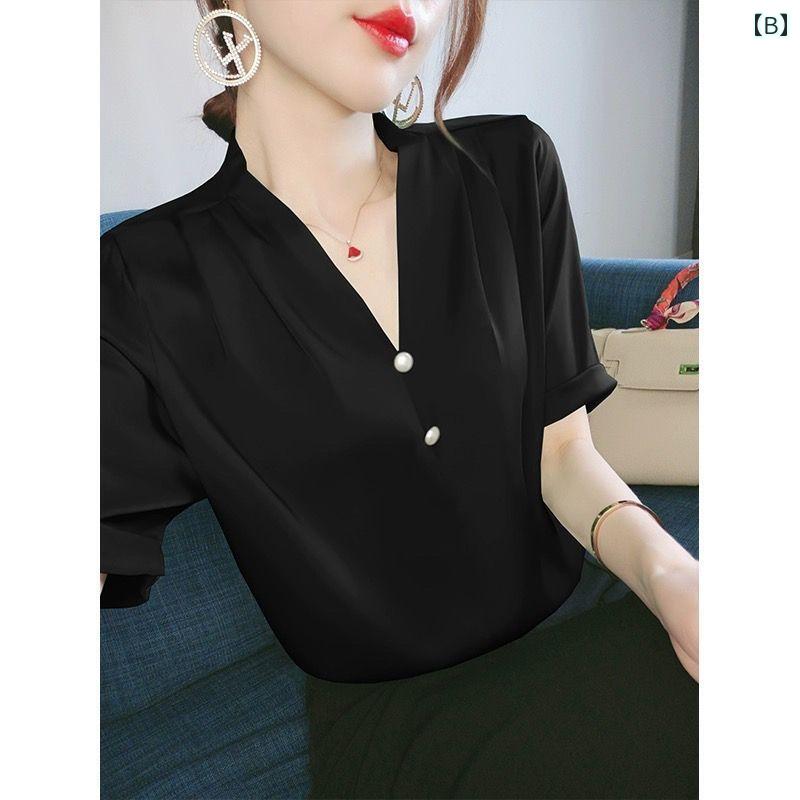 春 コーデ レディース ファッション オシャレ カワイイ シンプル きれいめ ナチュラル 上品カジュアル 婦人服 フレンチ Vネック 半袖 白 シャツ 夏 ビーズ ハイエンド シック トップス